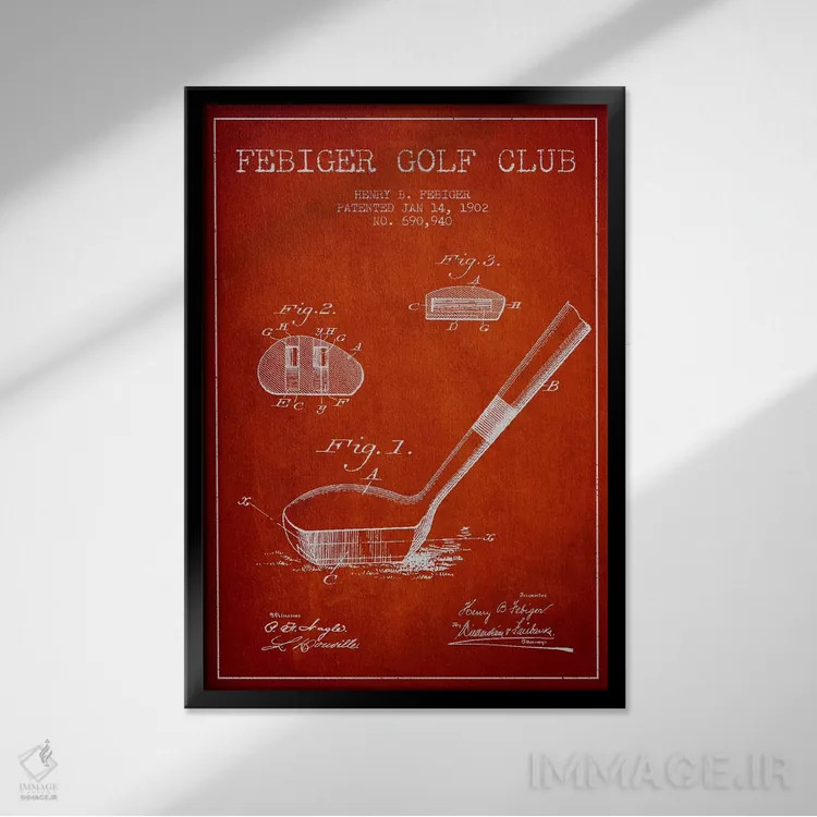 تابلو نقشهٔ ثبت اختراع چوب گلف فیبیگر (قرمز) اثر پیکسل کهنه (استودیو/نام هنری) - نمای قابدار مشکی