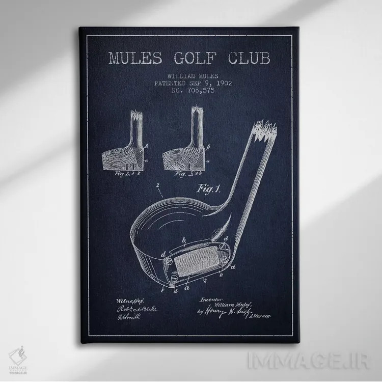 تابلو نقشهٔ ثبت اختراع چوب گلف مولز (آبی سرمهای) اثر پیکسل کهنه (استودیو/نام هنری) - نمای روبهرو روی دیوار