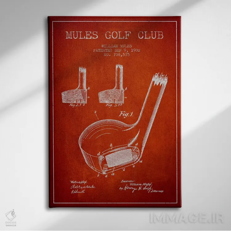 تابلو نقشهٔ ثبت اختراع چوب گلف مولز (قرمز) اثر پیکسل کهنه (استودیو/نام هنری) - نمای روبهرو روی دیوار