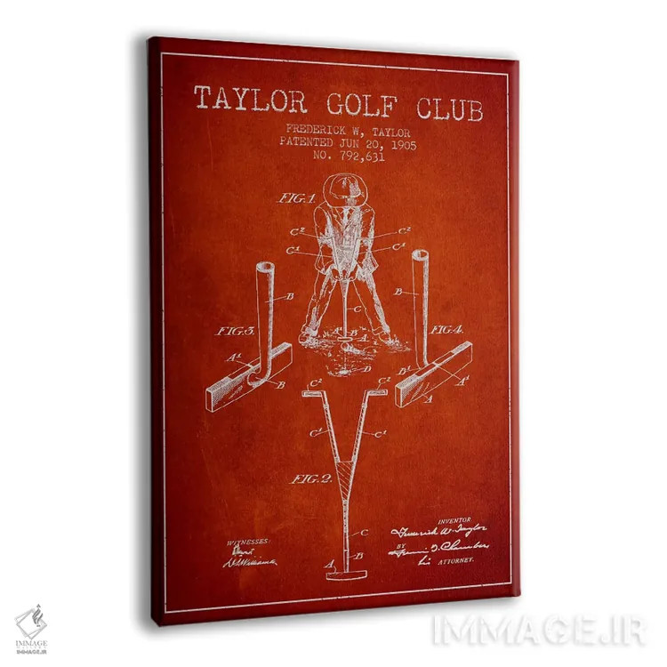 تابلو نقشهٔ ثبت اختراع چوب گلف تیلور (قرمز) اثر پیکسل کهنه (استودیو/نام هنری) - نمای پرسپکتیو محصول