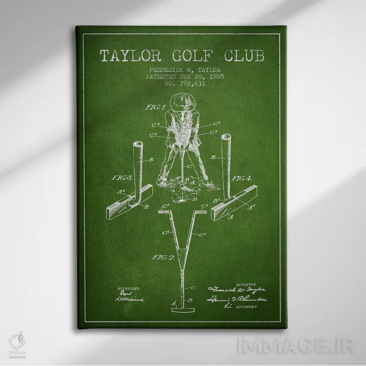 تابلو نقشهٔ ثبت اختراع چوب گلف تیلور (سبز) اثر پیکسل کهنه (استودیو/نام هنری) - نمای روبهرو روی دیوار