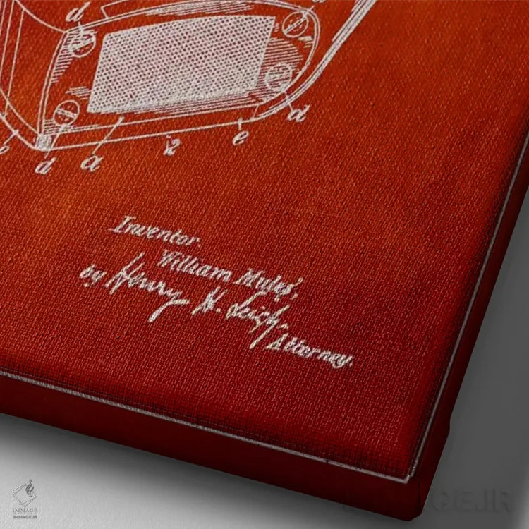 تابلو نقشهٔ ثبت اختراع چوب گلف مولز (قرمز) اثر پیکسل کهنه (استودیو/نام هنری) - نمای نزدیک بافت بوم