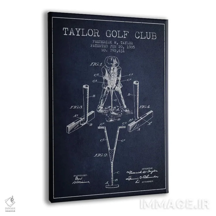 تابلو نقشهٔ ثبت اختراع چوب گلف تیلور (آبی سرمهای) اثر پیکسل کهنه (استودیو/نام هنری) - نمای پرسپکتیو محصول