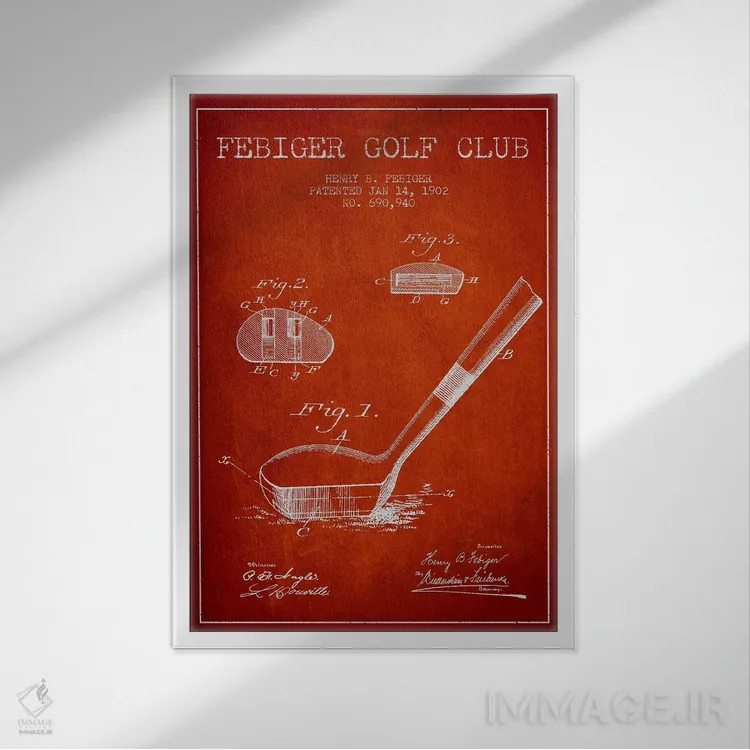 تابلو نقشهٔ ثبت اختراع چوب گلف فیبیگر (قرمز) اثر پیکسل کهنه (استودیو/نام هنری) - نمای قابدار سفید