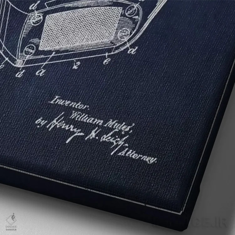 تابلو نقشهٔ ثبت اختراع چوب گلف مولز (آبی سرمهای) اثر پیکسل کهنه (استودیو/نام هنری) - نمای نزدیک بافت بوم