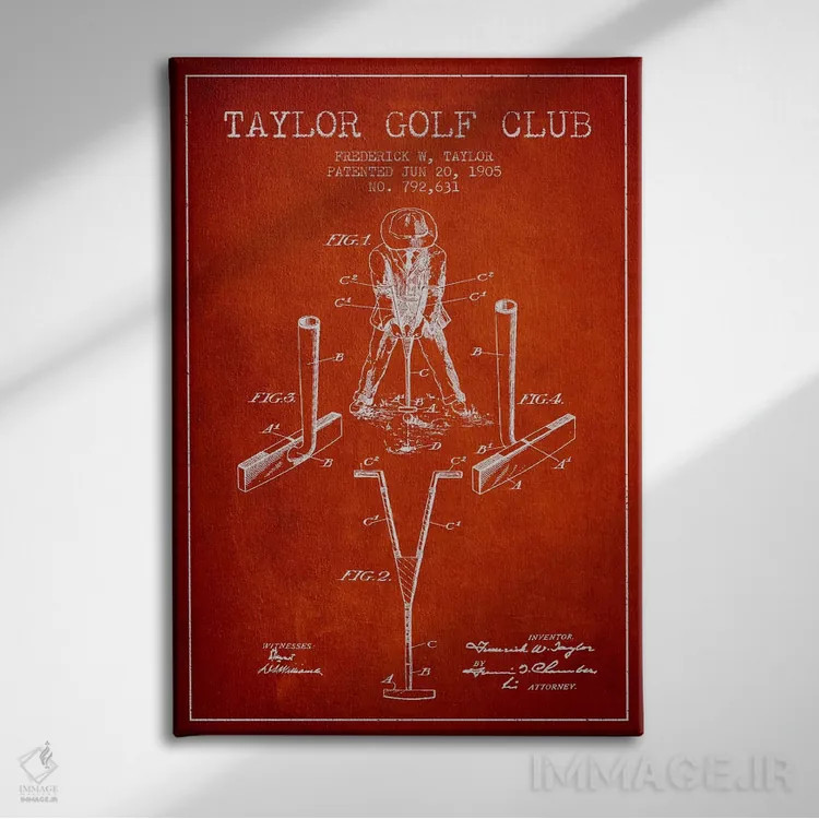 تابلو نقشهٔ ثبت اختراع چوب گلف تیلور (قرمز) اثر پیکسل کهنه (استودیو/نام هنری) - نمای روبهرو روی دیوار