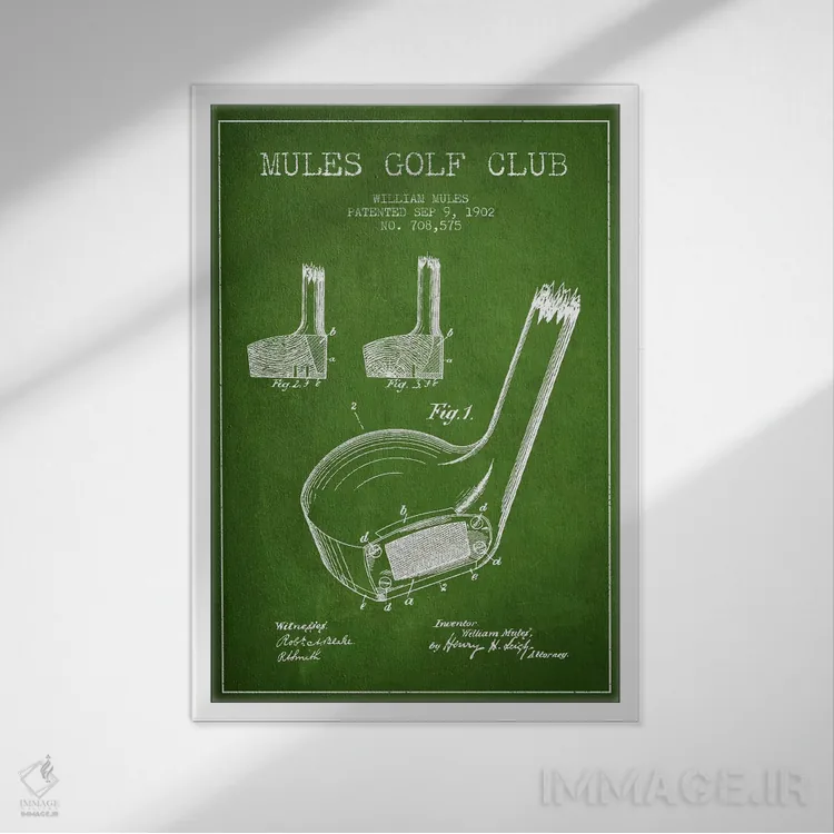 تابلو نقشهٔ ثبت اختراع چوب گلف مولز (سبز) اثر پیکسل کهنه (استودیو/نام هنری) - نمای قابدار سفید