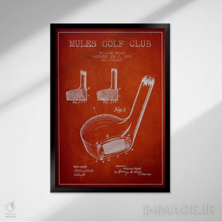 تابلو نقشهٔ ثبت اختراع چوب گلف مولز (قرمز) اثر پیکسل کهنه (استودیو/نام هنری) - نمای قابدار مشکی