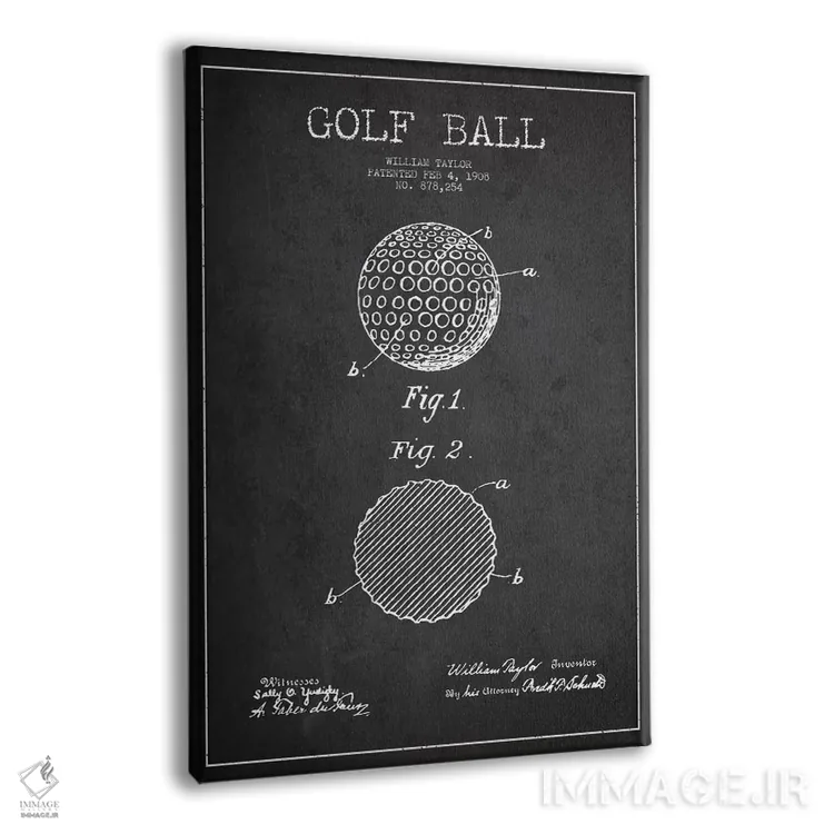 تابلو نقشهٔ ثبت اختراع توپ گلف (زغالسنگی) اثر پیکسل کهنه (استودیو/نام هنری) - نمای پرسپکتیو محصول