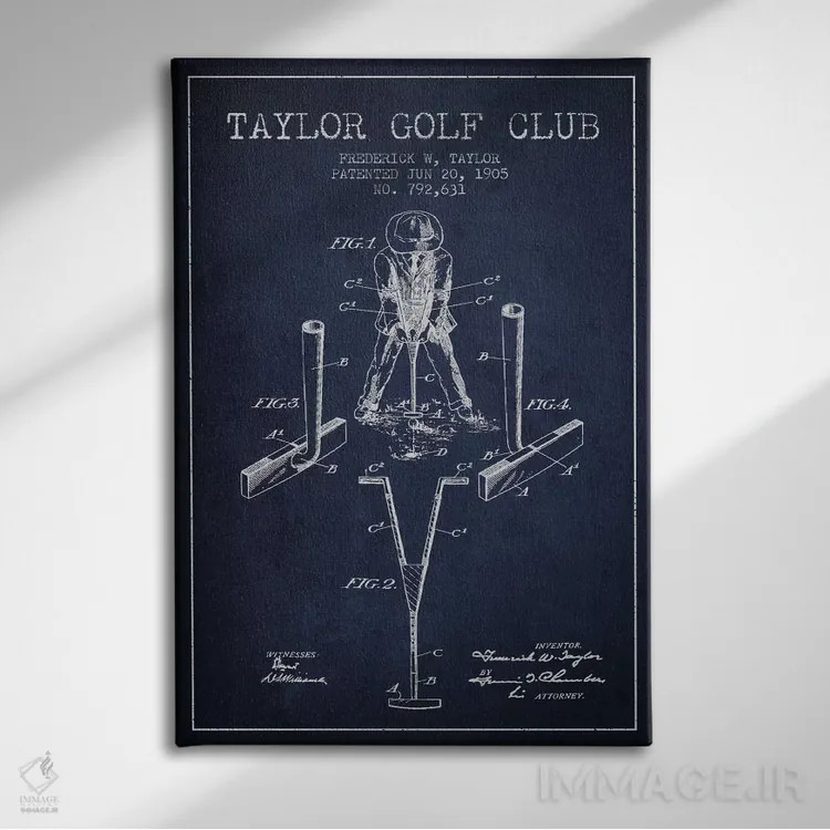 تابلو نقشهٔ ثبت اختراع چوب گلف تیلور (آبی سرمهای) اثر پیکسل کهنه (استودیو/نام هنری) - نمای روبهرو روی دیوار