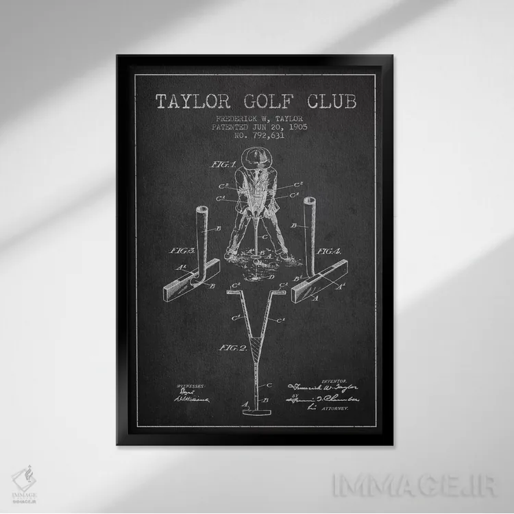 تابلو نقشهٔ ثبت اختراع چوب گلف تیلور (زغالسنگی) اثر پیکسل کهنه (استودیو/نام هنری) - نمای قابدار مشکی