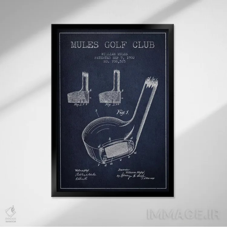 تابلو نقشهٔ ثبت اختراع چوب گلف مولز (آبی سرمهای) اثر پیکسل کهنه (استودیو/نام هنری) - نمای قابدار مشکی