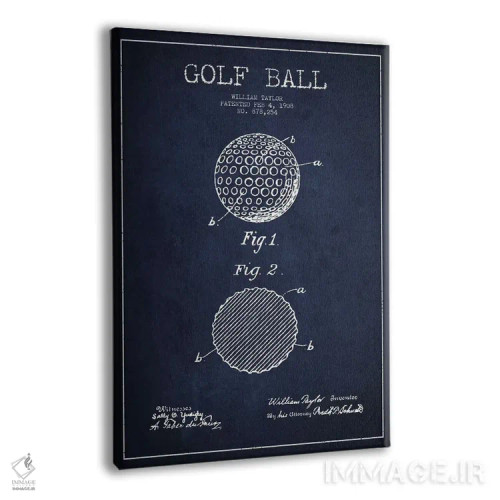 تابلو نقشهٔ ثبت اختراع توپ گلف (آبی سرمهای) اثر پیکسل کهنه (استودیو/نام هنری) - نمای پرسپکتیو محصول