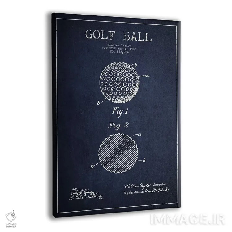 تابلو نقشهٔ ثبت اختراع توپ گلف (آبی سرمهای) اثر پیکسل کهنه (استودیو/نام هنری) - نمای پرسپکتیو محصول