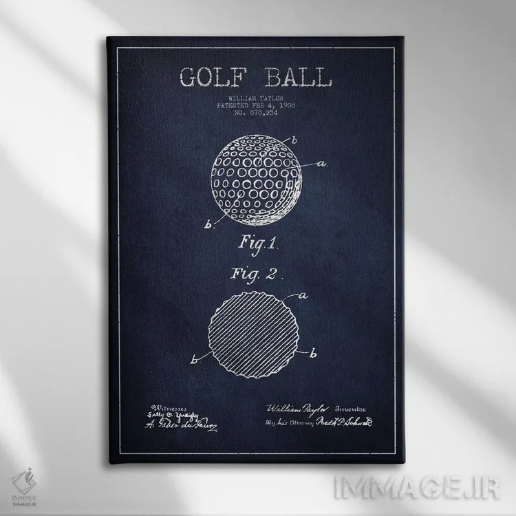 تابلو نقشهٔ ثبت اختراع توپ گلف (آبی سرمهای) اثر پیکسل کهنه (استودیو/نام هنری) - نمای روبهرو روی دیوار