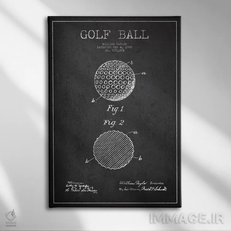 تابلو نقشهٔ ثبت اختراع توپ گلف (زغالسنگی) اثر پیکسل کهنه (استودیو/نام هنری) - نمای روبهرو روی دیوار