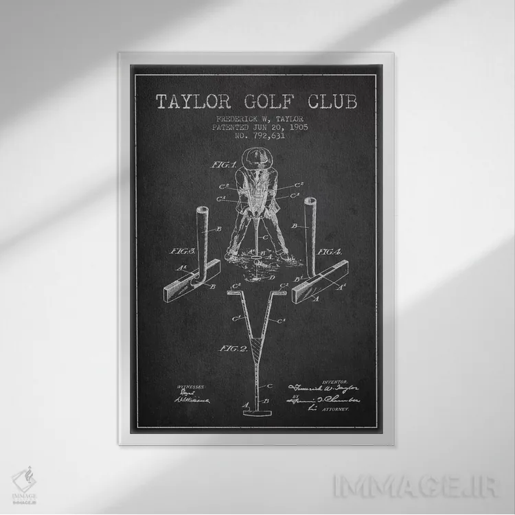 تابلو نقشهٔ ثبت اختراع چوب گلف تیلور (زغالسنگی) اثر پیکسل کهنه (استودیو/نام هنری) - نمای قابدار سفید