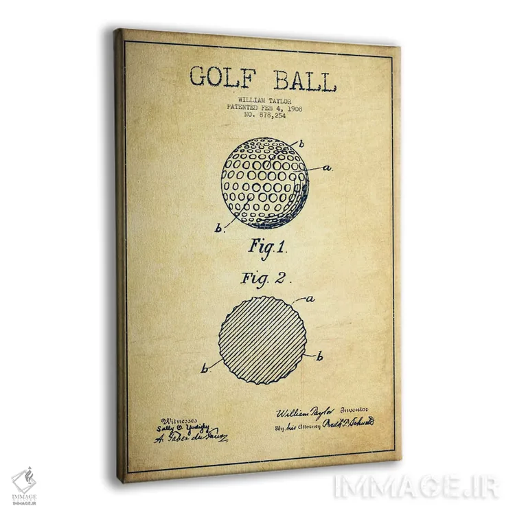 تابلو نقشهٔ ثبت اختراع توپ گلف قدیمی اثر پیکسل کهنه (استودیو/نام هنری) - نمای پرسپکتیو محصول