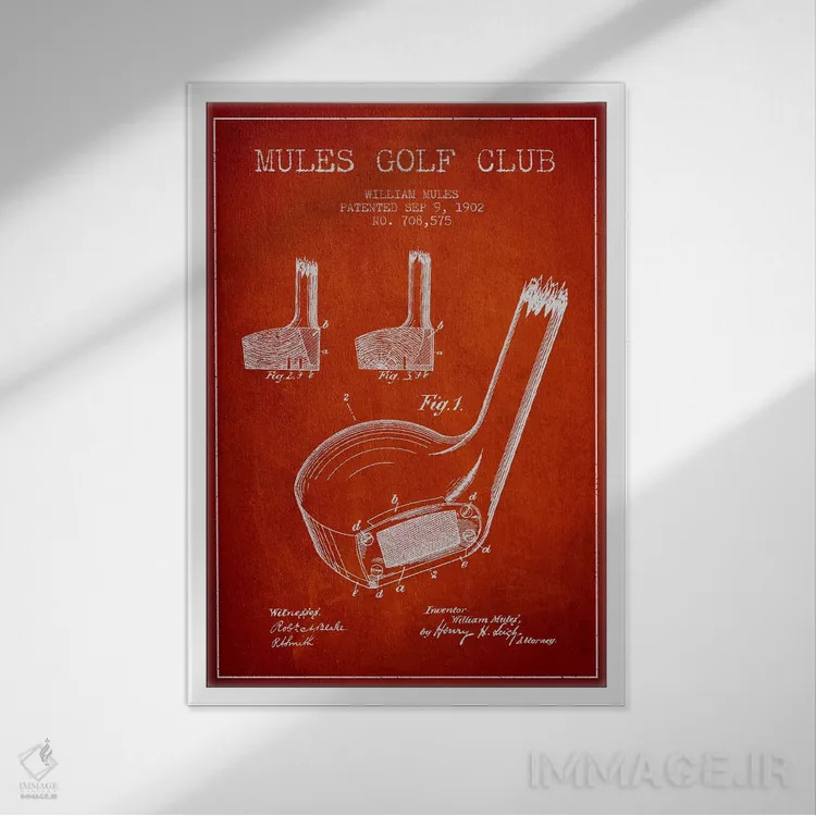 تابلو نقشهٔ ثبت اختراع چوب گلف مولز (قرمز) اثر پیکسل کهنه (استودیو/نام هنری) - نمای قابدار سفید