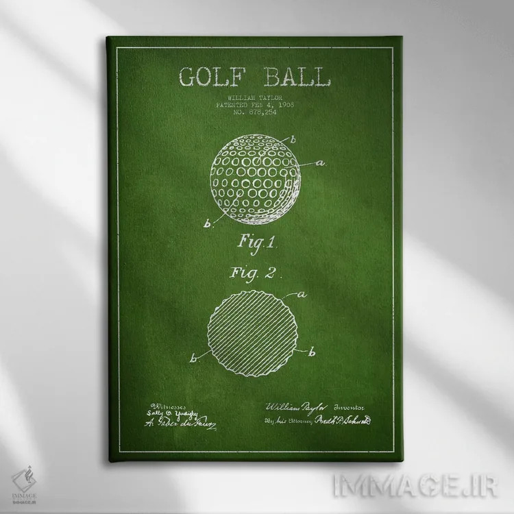 تابلو نقشهٔ ثبت اختراع توپ گلف (سبز) اثر پیکسل کهنه (استودیو/نام هنری) - نمای روبهرو روی دیوار