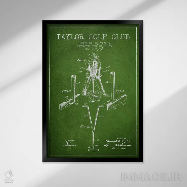 تابلو نقشهٔ ثبت اختراع چوب گلف تیلور (سبز) اثر پیکسل کهنه (استودیو/نام هنری) - نمای قابدار مشکی