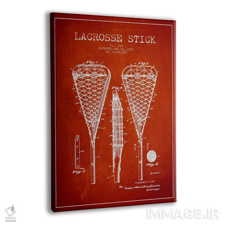 تابلو نقشهٔ ثبت اختراع چوب لاکراس (قرمز) اثر پیکسل کهنه (استودیو/نام هنری) - نمای پرسپکتیو محصول