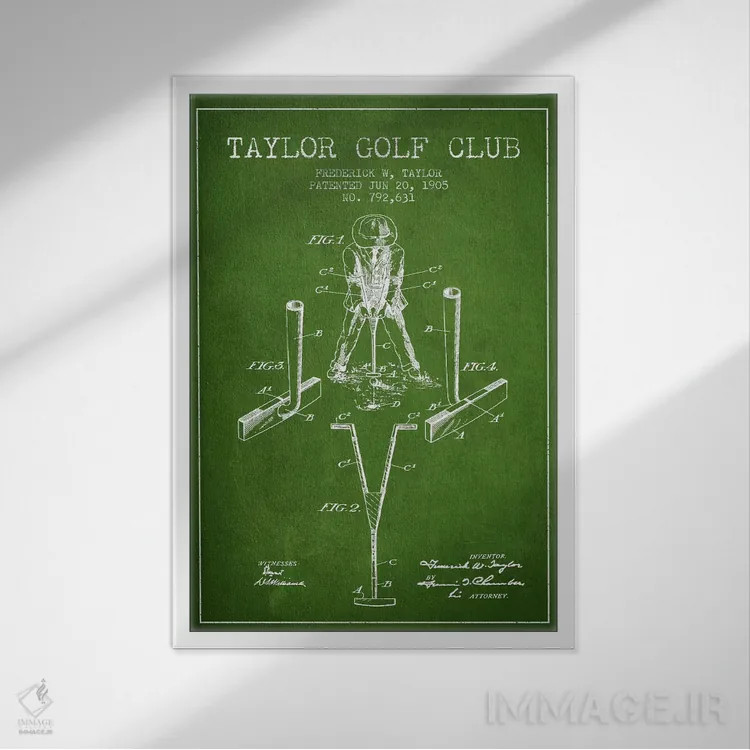 تابلو نقشهٔ ثبت اختراع چوب گلف تیلور (سبز) اثر پیکسل کهنه (استودیو/نام هنری) - نمای قابدار سفید