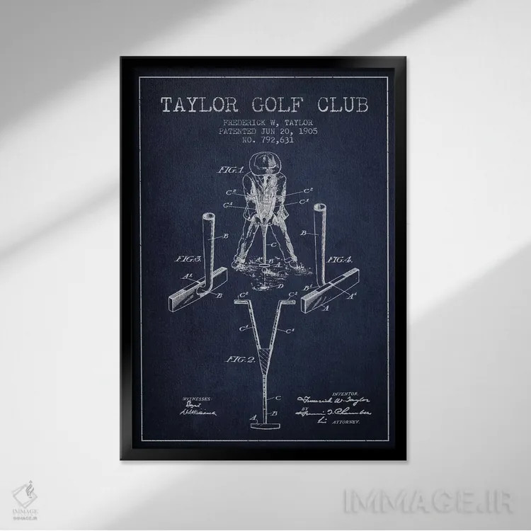 تابلو نقشهٔ ثبت اختراع چوب گلف تیلور (آبی سرمهای) اثر پیکسل کهنه (استودیو/نام هنری) - نمای قابدار مشکی