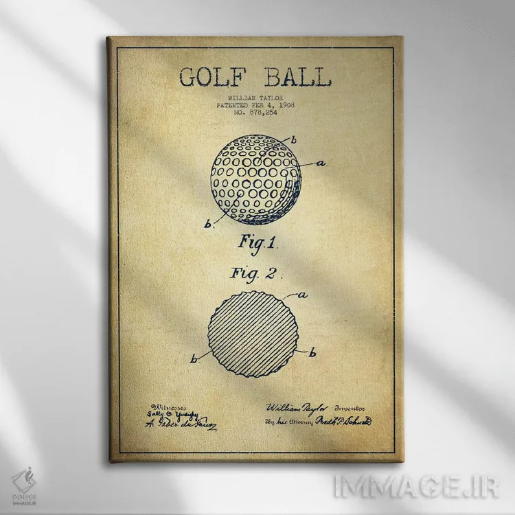 تابلو نقشهٔ ثبت اختراع توپ گلف قدیمی اثر پیکسل کهنه (استودیو/نام هنری) - نمای روبهرو روی دیوار