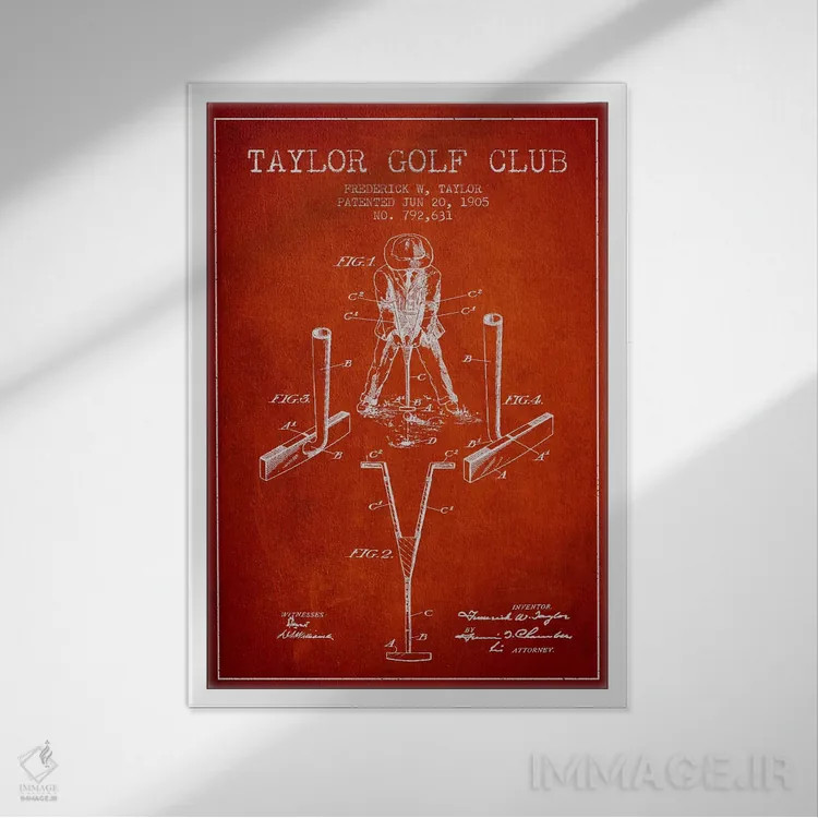 تابلو نقشهٔ ثبت اختراع چوب گلف تیلور (قرمز) اثر پیکسل کهنه (استودیو/نام هنری) - نمای قابدار سفید