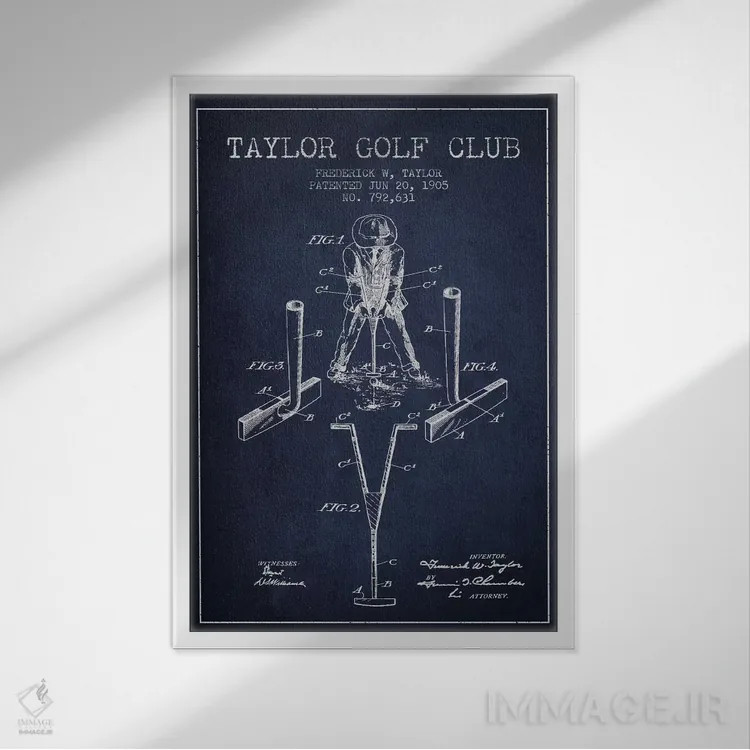 تابلو نقشهٔ ثبت اختراع چوب گلف تیلور (آبی سرمهای) اثر پیکسل کهنه (استودیو/نام هنری) - نمای قابدار سفید