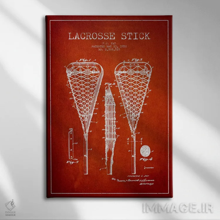 تابلو نقشهٔ ثبت اختراع چوب لاکراس (قرمز) اثر پیکسل کهنه (استودیو/نام هنری) - نمای روبهرو روی دیوار