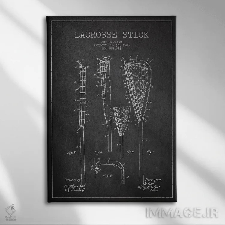 تابلو نقشهٔ ثبت اختراع چوب لاکروس (زغالی) اثر پیکسل کهنه (استودیو/نام هنری) - نمای روبهرو روی دیوار