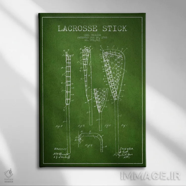 تابلو نقشهٔ ثبت اختراع چوب لاکروس (سبز) اثر پیکسل کهنه (استودیو/نام هنری) - نمای روبهرو روی دیوار