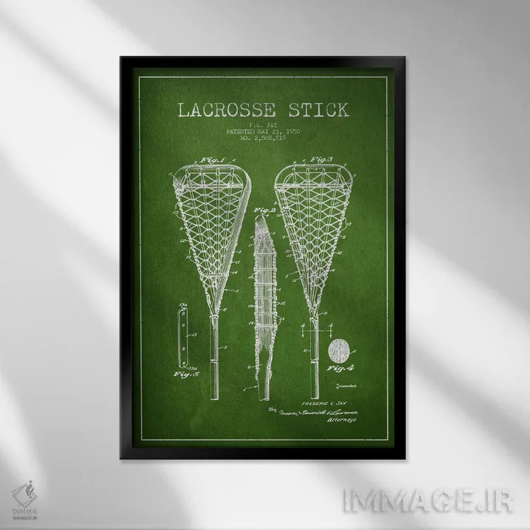 تابلو نقشهٔ ثبت اختراع چوب لاکراس (سبز) اثر پیکسل کهنه (استودیو/نام هنری) - نمای قابدار مشکی