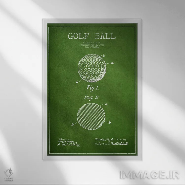 تابلو نقشهٔ ثبت اختراع توپ گلف (سبز) اثر پیکسل کهنه (استودیو/نام هنری) - نمای قابدار سفید