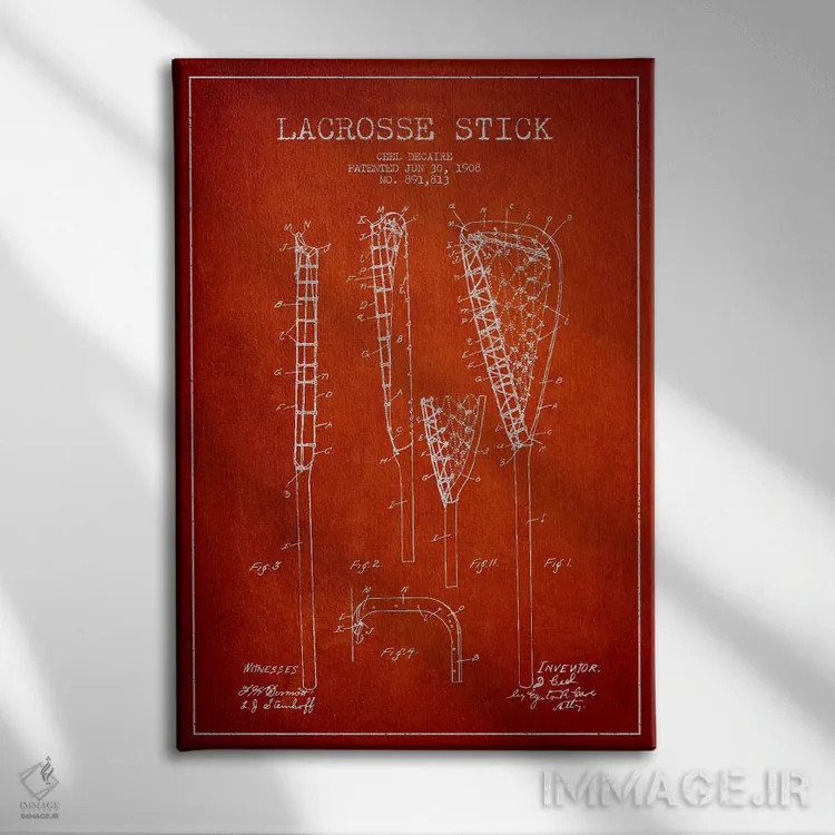 تابلو نقشهٔ ثبت اختراع چوب لاکروس (قرمز) اثر پیکسل کهنه (استودیو/نام هنری) - نمای روبهرو روی دیوار