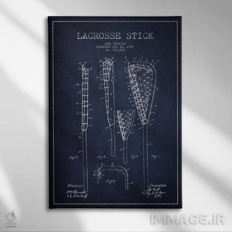 تابلو نقشهٔ ثبت اختراع چوب لاکروس (آبی نفتی) اثر پیکسل کهنه (استودیو/نام هنری) - نمای روبهرو روی دیوار