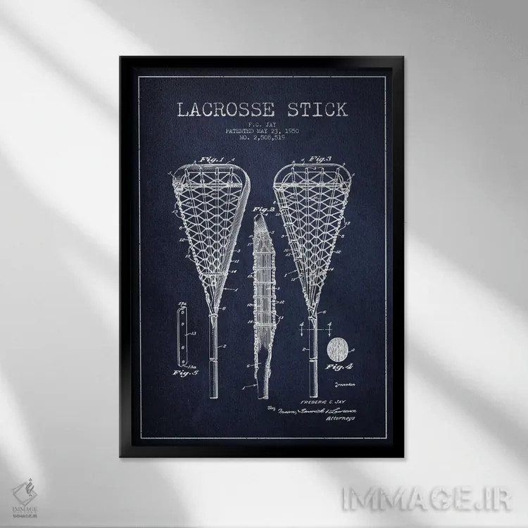 تابلو نقشهٔ ثبت اختراع چوب لاکراس (آبی سرمهای) اثر پیکسل کهنه (استودیو/نام هنری) - نمای قابدار مشکی