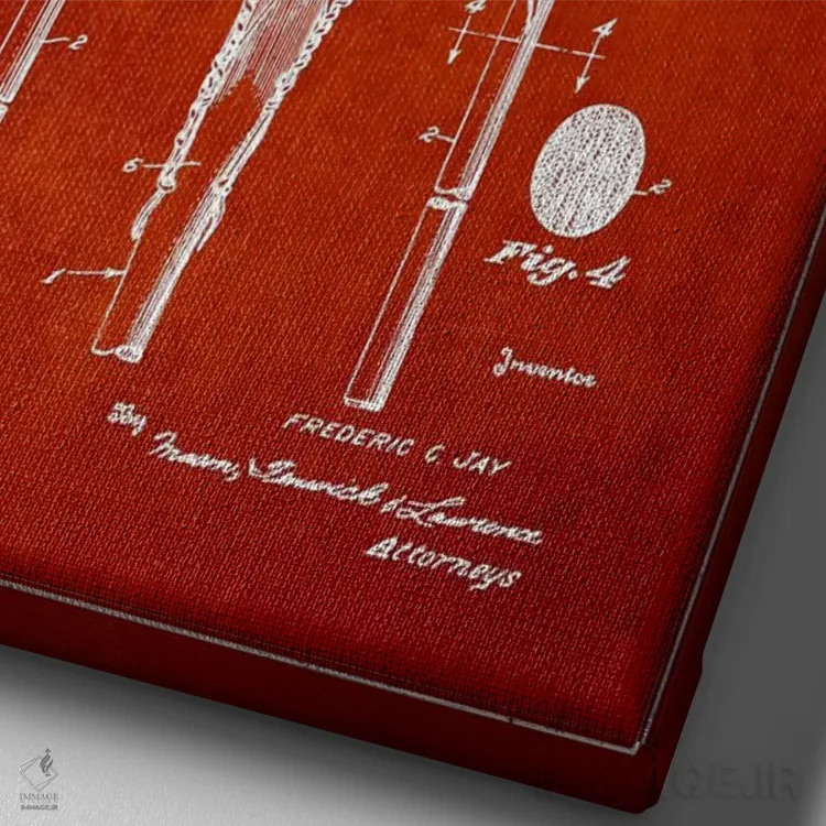 تابلو نقشهٔ ثبت اختراع چوب لاکراس (قرمز) اثر پیکسل کهنه (استودیو/نام هنری) - نمای نزدیک بافت بوم