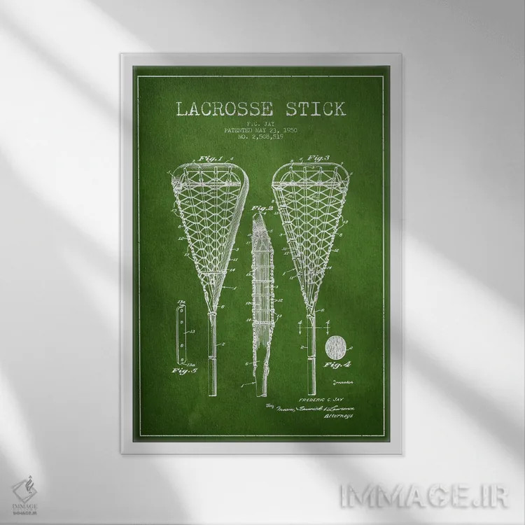 تابلو نقشهٔ ثبت اختراع چوب لاکراس (سبز) اثر پیکسل کهنه (استودیو/نام هنری) - نمای قابدار سفید