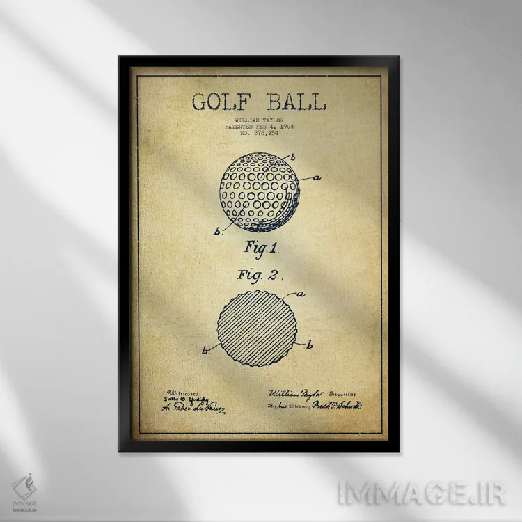 تابلو نقشهٔ ثبت اختراع توپ گلف قدیمی اثر پیکسل کهنه (استودیو/نام هنری) - نمای قابدار مشکی