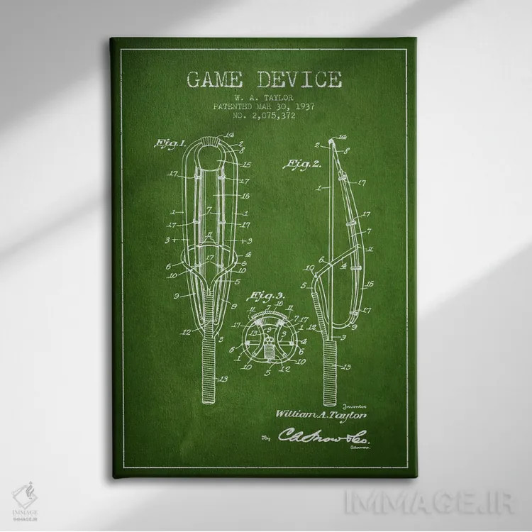 تابلو نقشهٔ ثبت اختراع دستگاه بازی (سبز) اثر پیکسل کهنه (استودیو/نام هنری) - نمای روبهرو روی دیوار