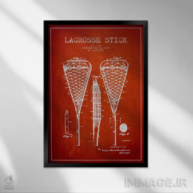 تابلو نقشهٔ ثبت اختراع چوب لاکراس (قرمز) اثر پیکسل کهنه (استودیو/نام هنری) - نمای قابدار مشکی