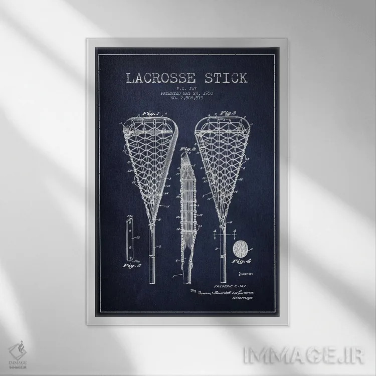 تابلو نقشهٔ ثبت اختراع چوب لاکراس (آبی سرمهای) اثر پیکسل کهنه (استودیو/نام هنری) - نمای قابدار سفید