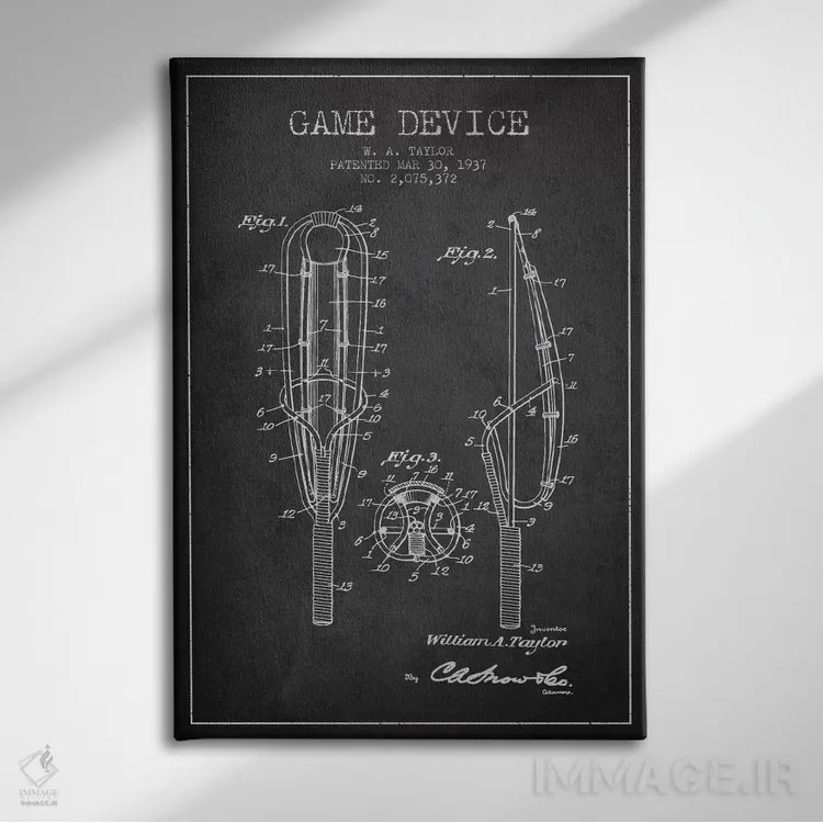 تابلو نقشهٔ ثبت اختراع دستگاه بازی (زغالی) اثر پیکسل کهنه (استودیو/نام هنری) - نمای روبهرو روی دیوار