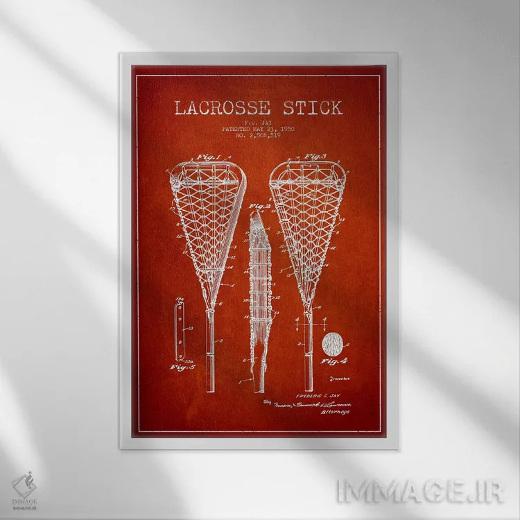 تابلو نقشهٔ ثبت اختراع چوب لاکراس (قرمز) اثر پیکسل کهنه (استودیو/نام هنری) - نمای قابدار سفید