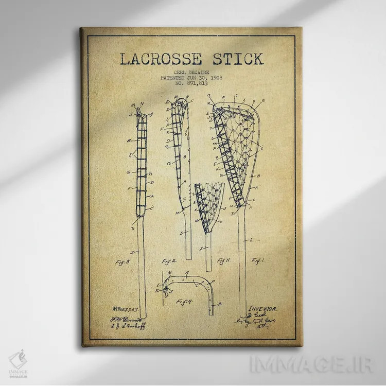 تابلو نقشهٔ ثبت اختراع قدیمی چوب لاکروس اثر پیکسل کهنه (استودیو/نام هنری) - نمای روبهرو روی دیوار