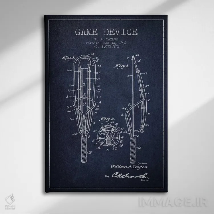 تابلو نقشهٔ ثبت اختراع دستگاه بازی (آبی نفتی) اثر پیکسل کهنه (استودیو/نام هنری) - نمای روبهرو روی دیوار