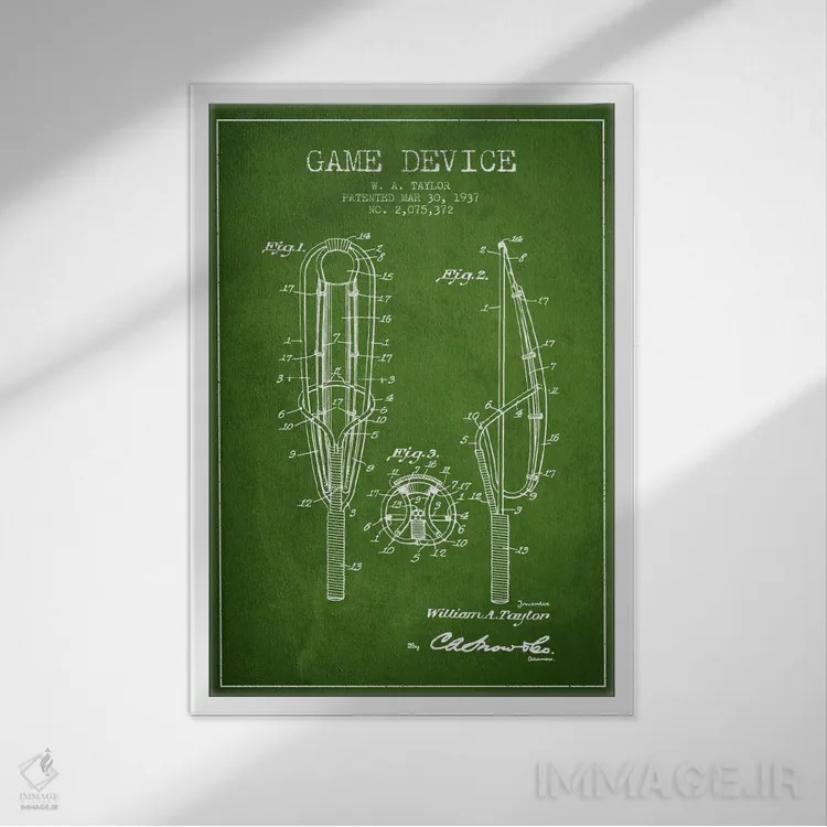 تابلو نقشهٔ ثبت اختراع دستگاه بازی (سبز) اثر پیکسل کهنه (استودیو/نام هنری) - نمای قابدار سفید